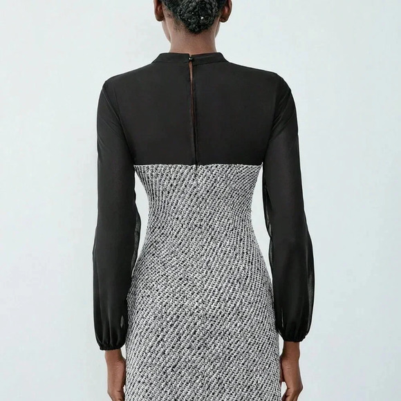 Black Elegant Women's Button Decor Chiffon Patchwork Lantern Sleeve Dress - Picture 2 of 6